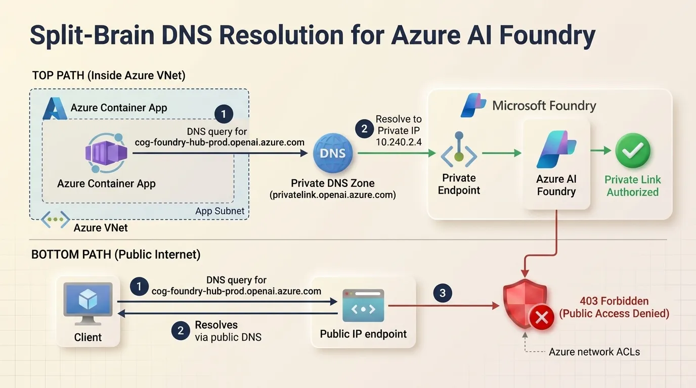 Split-Brain DNS Resolution Flow for Azure AI Foundry